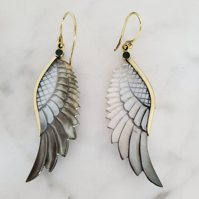Carved Gray Shell Wing Earrings Bali with 925 Ear Wire