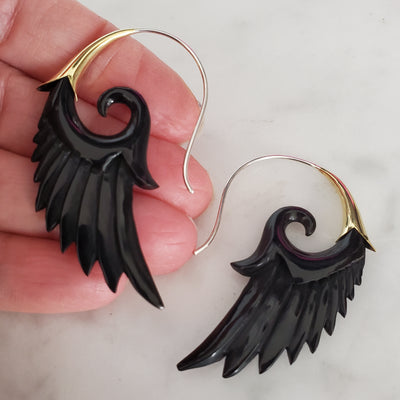 Carved Black Wing Earrings on .925 Sterling Silver Hook