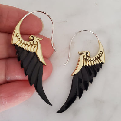 Black Carved Angel Wing Earrings .925 Sterling Silver Hook