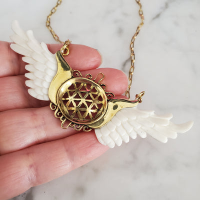 Flower of Life Mystical Pendant with Carved Bone Angel Wings