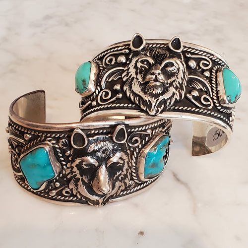 Turquoise Wolf 925 Sterling Silver Mens Cuff Bracelet