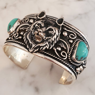 Turquoise Wolf 925 Sterling Silver Mens Cuff Bracelet