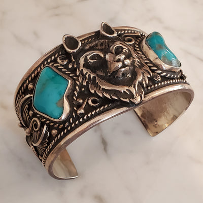 Turquoise Wolf 925 Sterling Silver Mens Cuff Bracelet