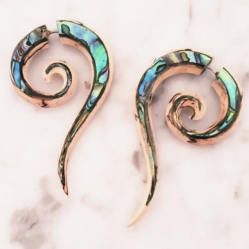 Spiral Split Gauge Carved Wood Earrings with Abalone Inlay