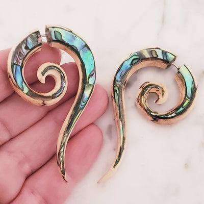 Spiral Split Gauge Carved Wood Earrings with Abalone Inlay