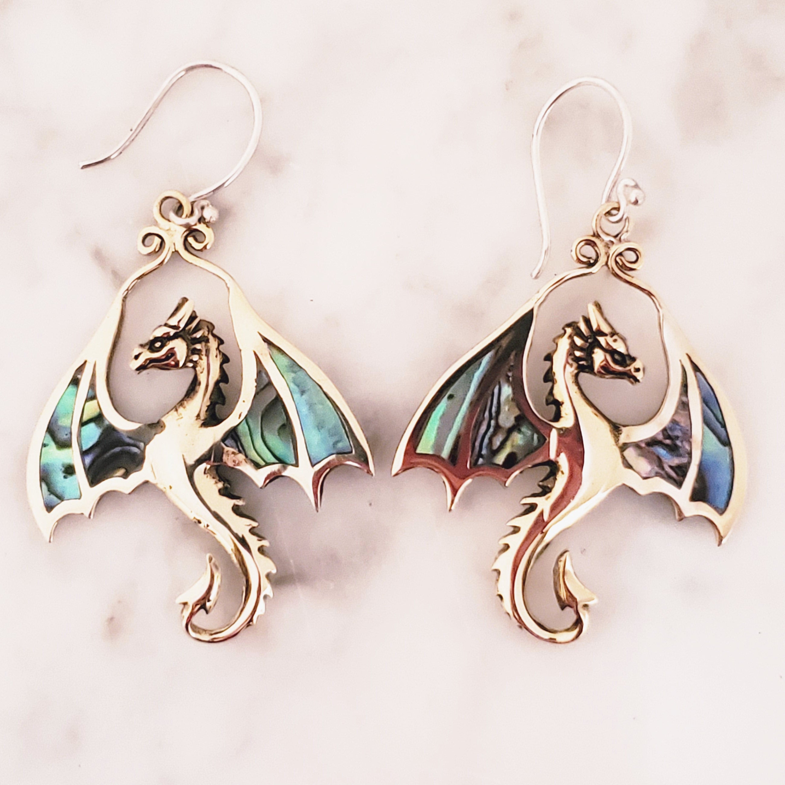 Flying Dragon Earrings Abalone Shell with .925 Sterling Ear