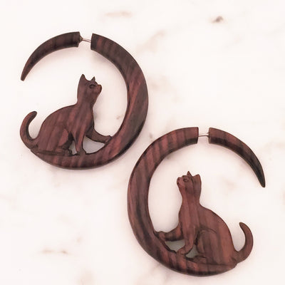 Cat on Moon Fake Gauge Carved Wood Split Jacket Earrings