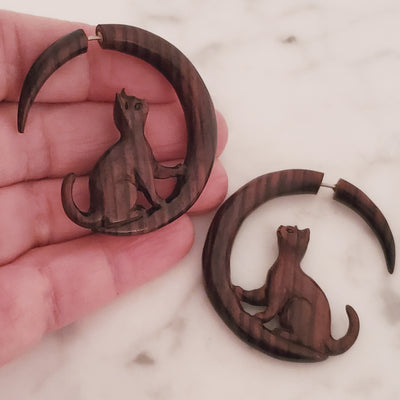 Cat on Moon Fake Gauge Carved Wood Split Jacket Earrings