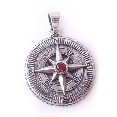 Garnet Compass Rose Amulet .925 Sterling Silver Charm Pendant