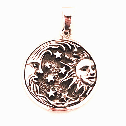 Solar Eclipse Moon Sun Stars Charm .925 Sterling Silver Pendant
