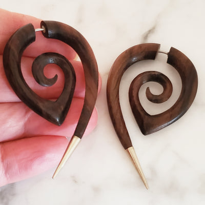 Spiral Silver Tip Fake Gauge Earrings Carved Wood Split Plug Tattoo Gift