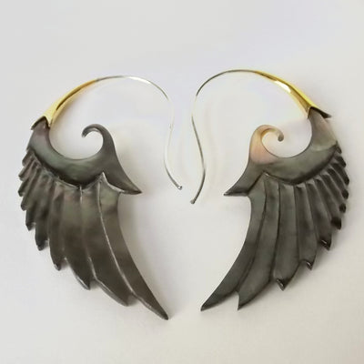 Carved Gray Shell Wing Earrings on .925 Sterling Silver Hook