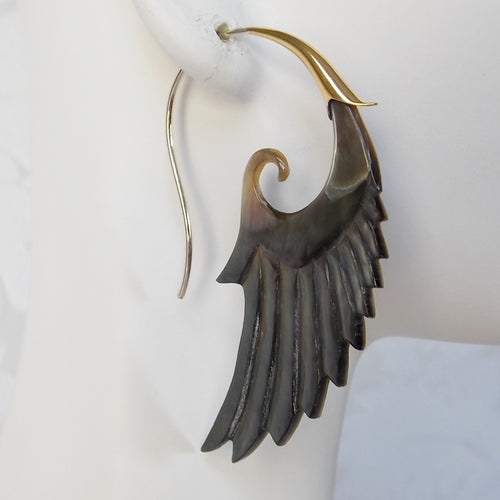 Carved Gray Shell Wing Earrings on .925 Sterling Silver Hook