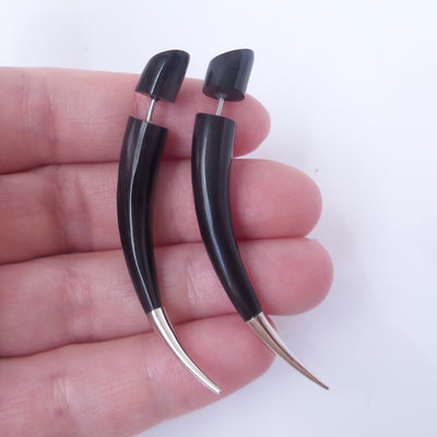 Silver Tip Black Taper Fake Gauge Earrings Tribal Jewelry