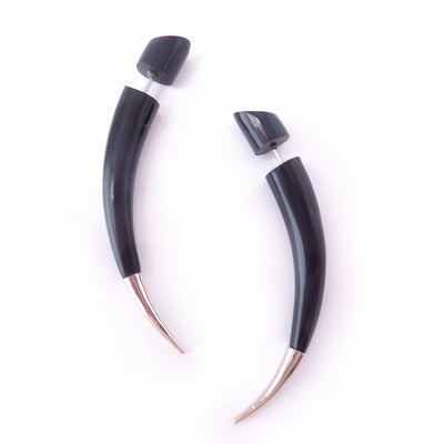 Silver Tip Black Taper Fake Gauge Earrings Tribal Jewelry