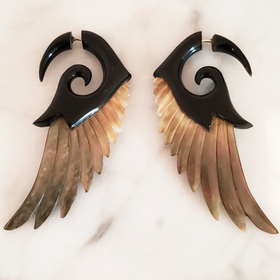 Bali Carved Wings Fake Gauge Earrings Black with Gray Shell