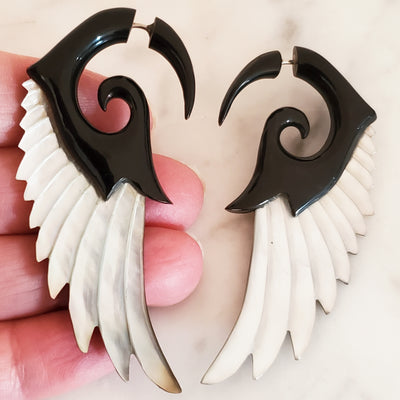 Bali Carved Wings Fake Gauge Earrings Black with Gray Shell