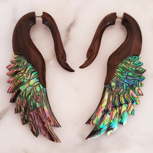 Bali Carved Abalone Swan Split Gauge Earrings