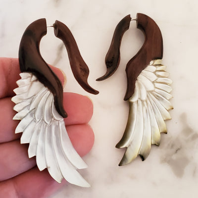 Bali Carved Swan Fake Gauge Earrings Dark Wood Gray Shell