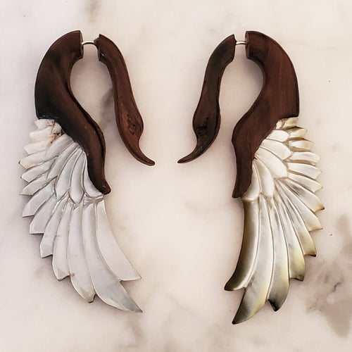 Bali Carved Swan Fake Gauge Earrings Dark Wood Gray Shell