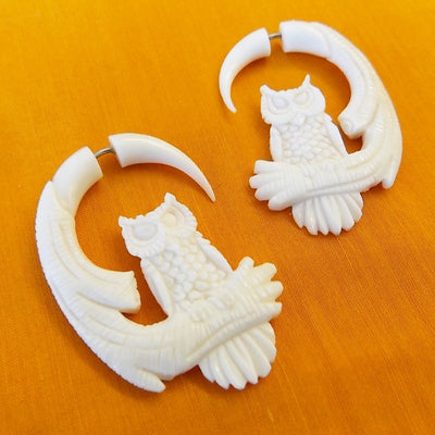 Owl Carved Bone Split Gauge Hoop Earrings Jewelry Gift