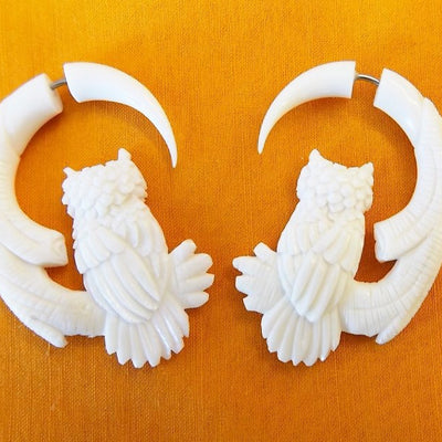 Owl Carved Bone Split Gauge Hoop Earrings Jewelry Gift