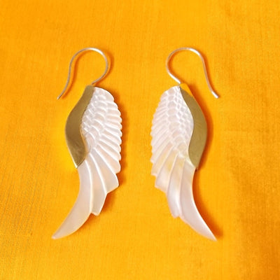 Carved Shell Wing Earrings .925 Sterling Silver Hook Boho Chic