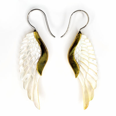 Carved Shell Wing Earrings .925 Sterling Silver Hook Boho Chic