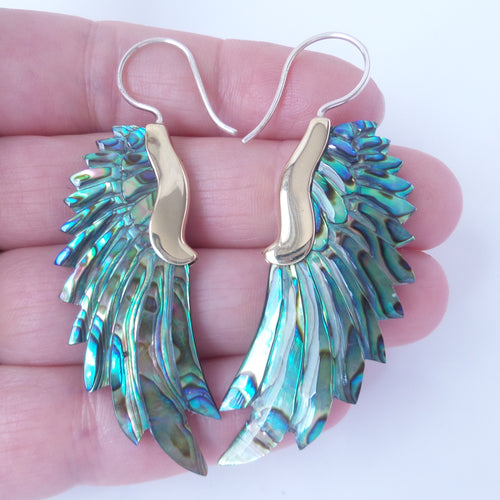 Carved Abalone Wing Earrings .925 Sterling Silver Hook Boho Chic