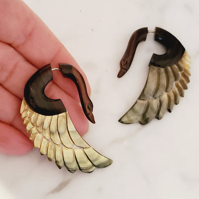 Carved Grey Shell Swans Fake Gauge Earrings
