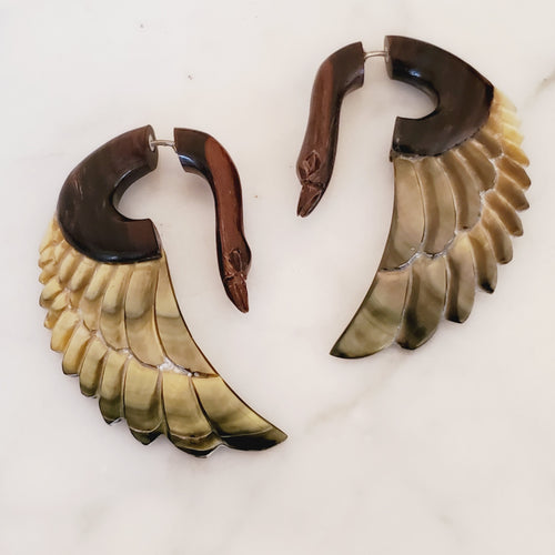 Carved Grey Shell Swans Fake Gauge Earrings