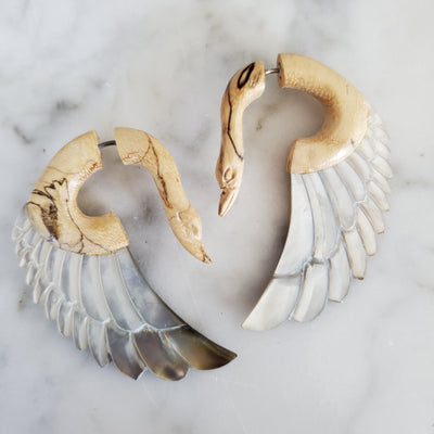 Swans Fake Gauge Earrings Carved Wood Gray Shell Boho Beach Jewelry