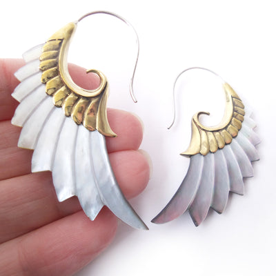 Carved Gray Shell Wing Bali Earrings .925 Sterling Silver Hook