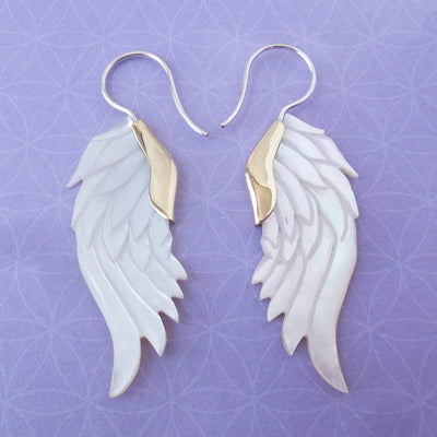 Carved Shell Angel Wing Earrings .925 Sterling Silver Hook