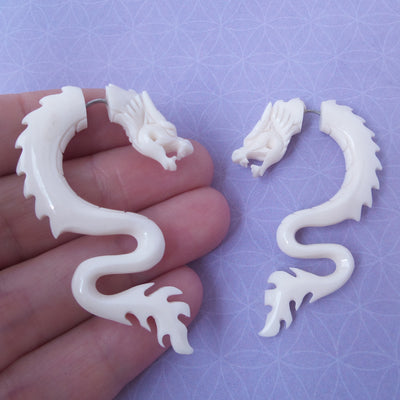 Dragon Fake Gauge Carved Bone Earrings Split Plug