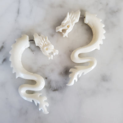 Dragon Fake Gauge Carved Bone Earrings Split Plug