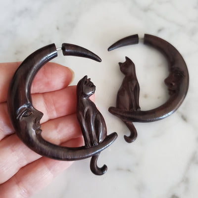 Cat on Moon Fake Gauge Carved Wood Earrings Split Plug