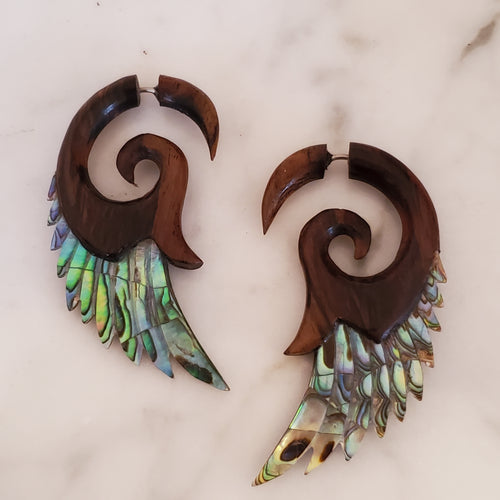 Carved Abalone Shell Angel Wings Fake Gauge Jacket Earrings