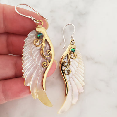 Angel Wings Carved Shell Earrings .925 Sterling Silver Hook