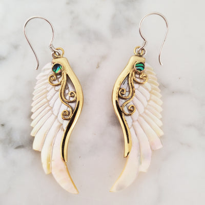 Angel Wings Carved Shell Earrings .925 Sterling Silver Hook