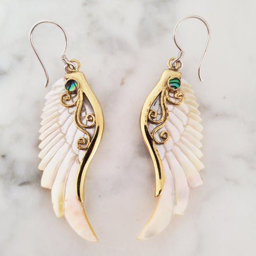 Angel Wings Carved Shell Earrings .925 Sterling Silver Hook