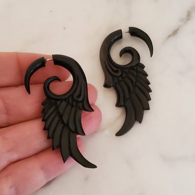 Black Fairy Wings Fake Gauge Earrings Split Plug Surfer Jewelry Gift