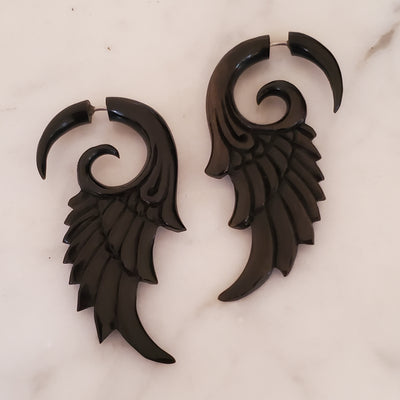 Black Fairy Wings Fake Gauge Earrings Split Plug Surfer Jewelry Gift