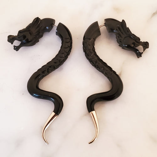 Carved Back Dragon Silver Tip Split Gauge Earrings Gothic Fantasy