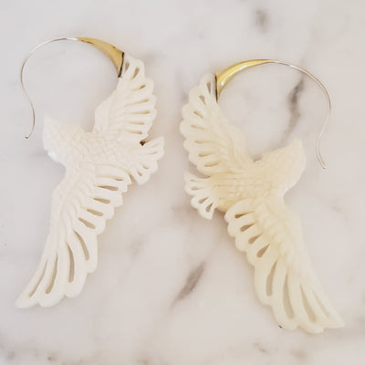 Flying Owl Carved White Cow Bone Earrings for Bird Lover Gift
