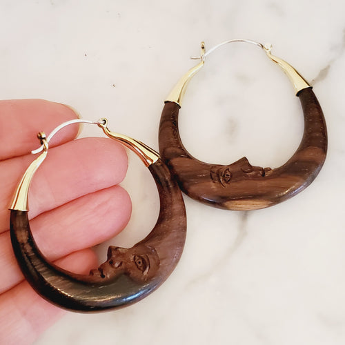 Crescent Moon Carved Wood Hoop Earrings .925 Ear Wire