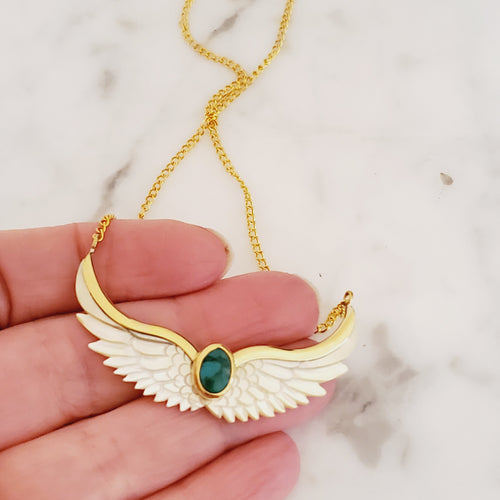 Carved Shell Angel Wings with Turquoise Pendant from Bali