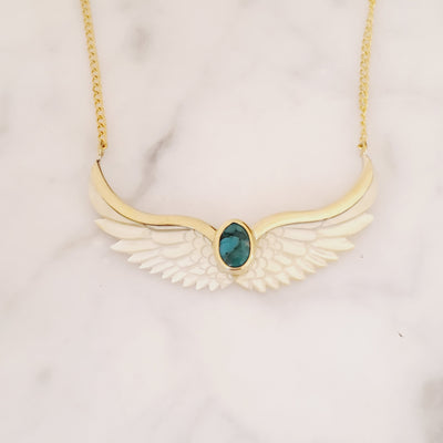 Carved Shell Angel Wings with Turquoise Pendant from Bali