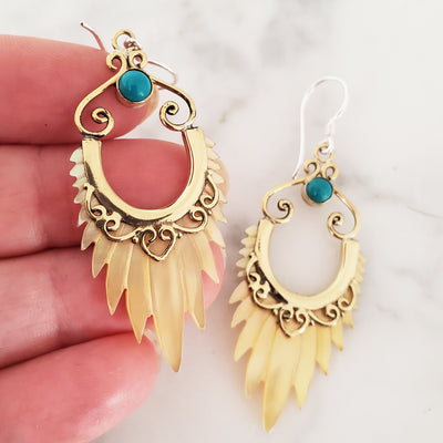 Carved Shell Chandelier Earrings with Turquoise Accents