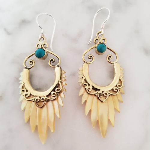 Carved Shell Chandelier Earrings with Turquoise Accents